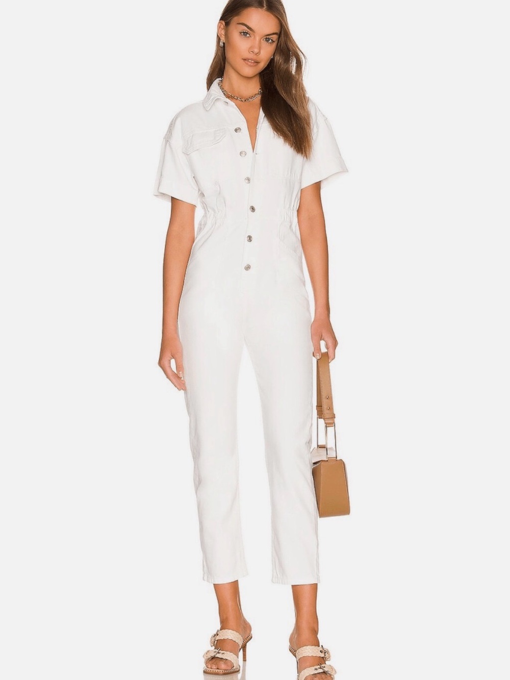 We The Free Marci White Short-Sleeve Denim Button-Front Jumpsuit Free People